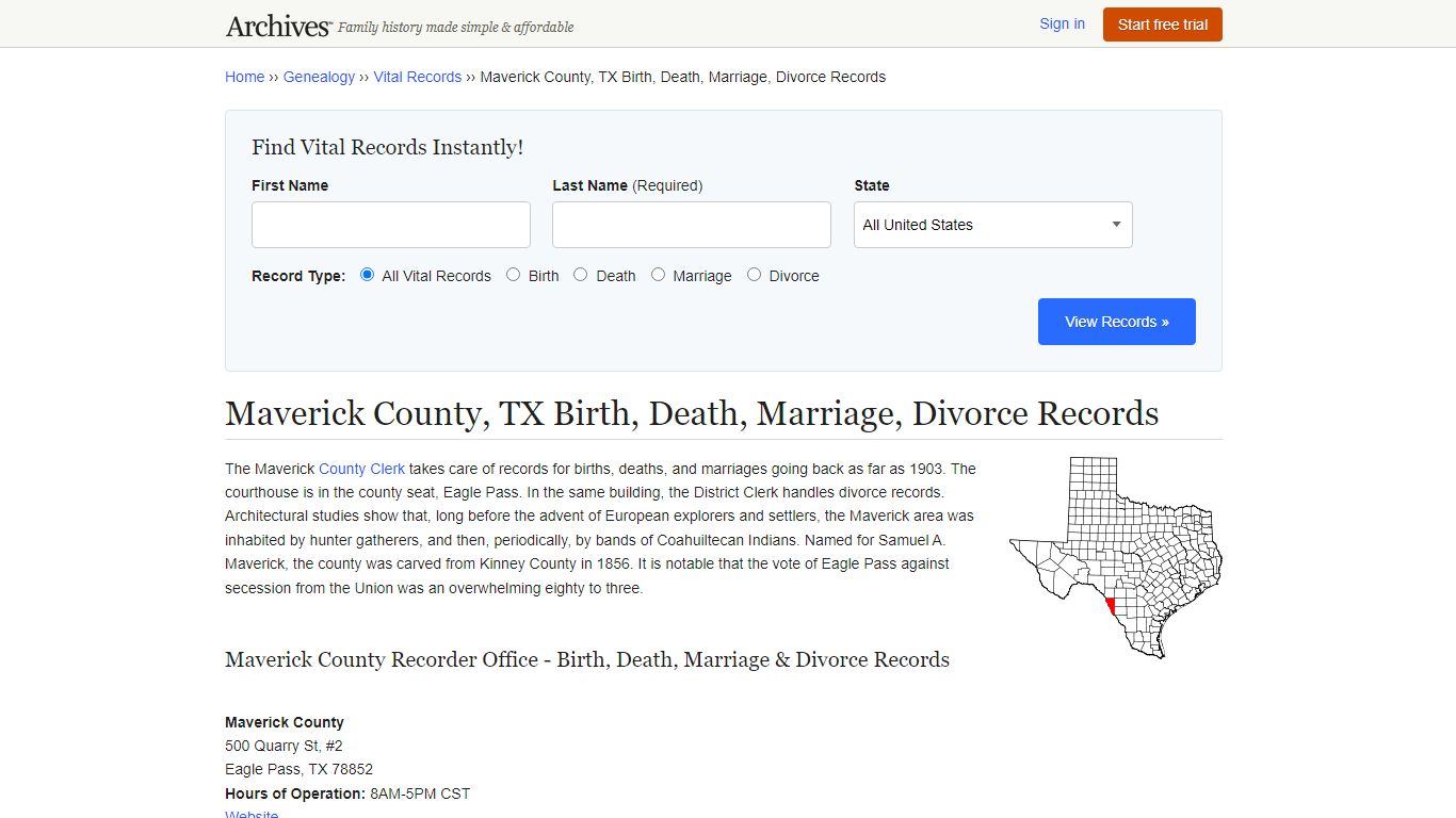 Maverick County, TX Birth, Death, Marriage, Divorce Records